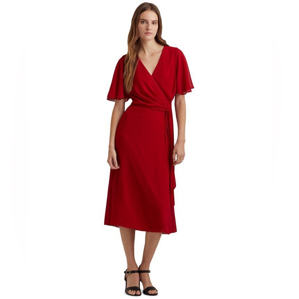 Ralph Lauren, Georgette Flutter-Sleeve Dress, Red, size 0